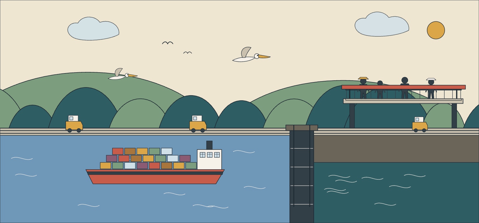 Illustration of a Panama Canal lock with a container ship, electric mules on their rails and visitors watching from a viewing platform