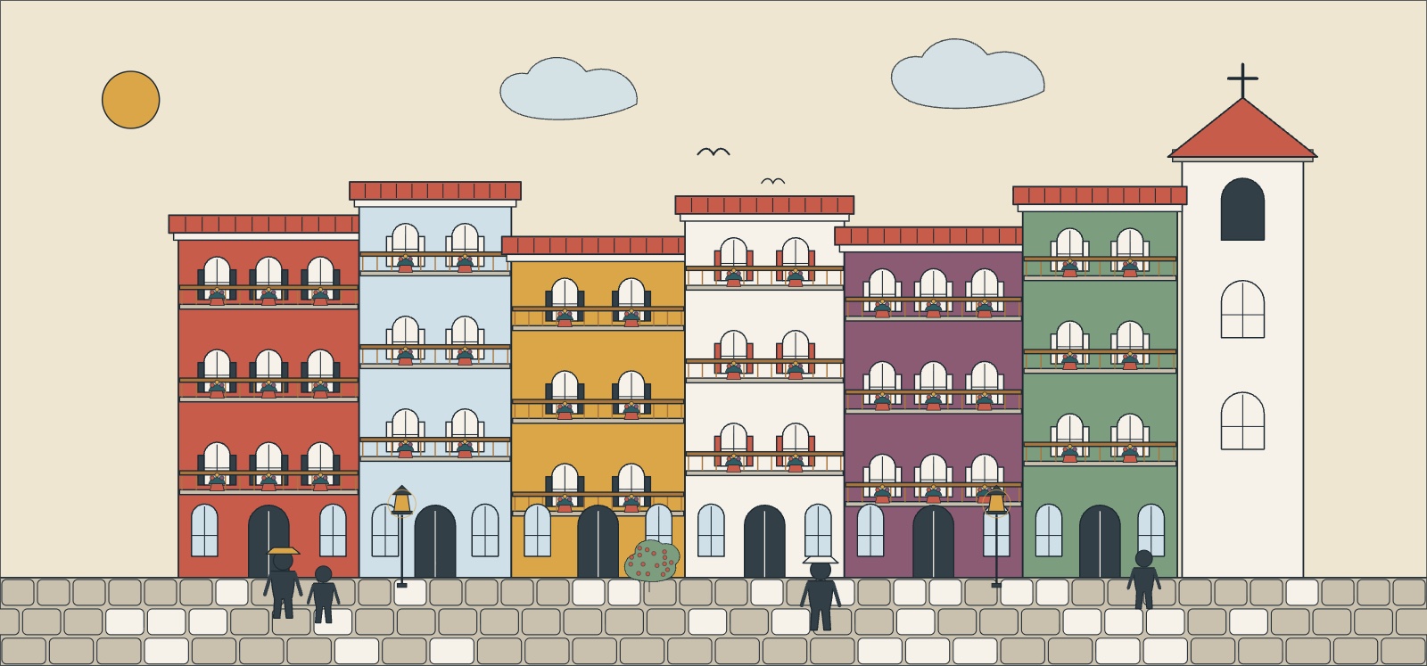 Illustration of a Casco Viejo street in Panama City with pastel facades, wrought-iron balconies, a church tower and cobblestones