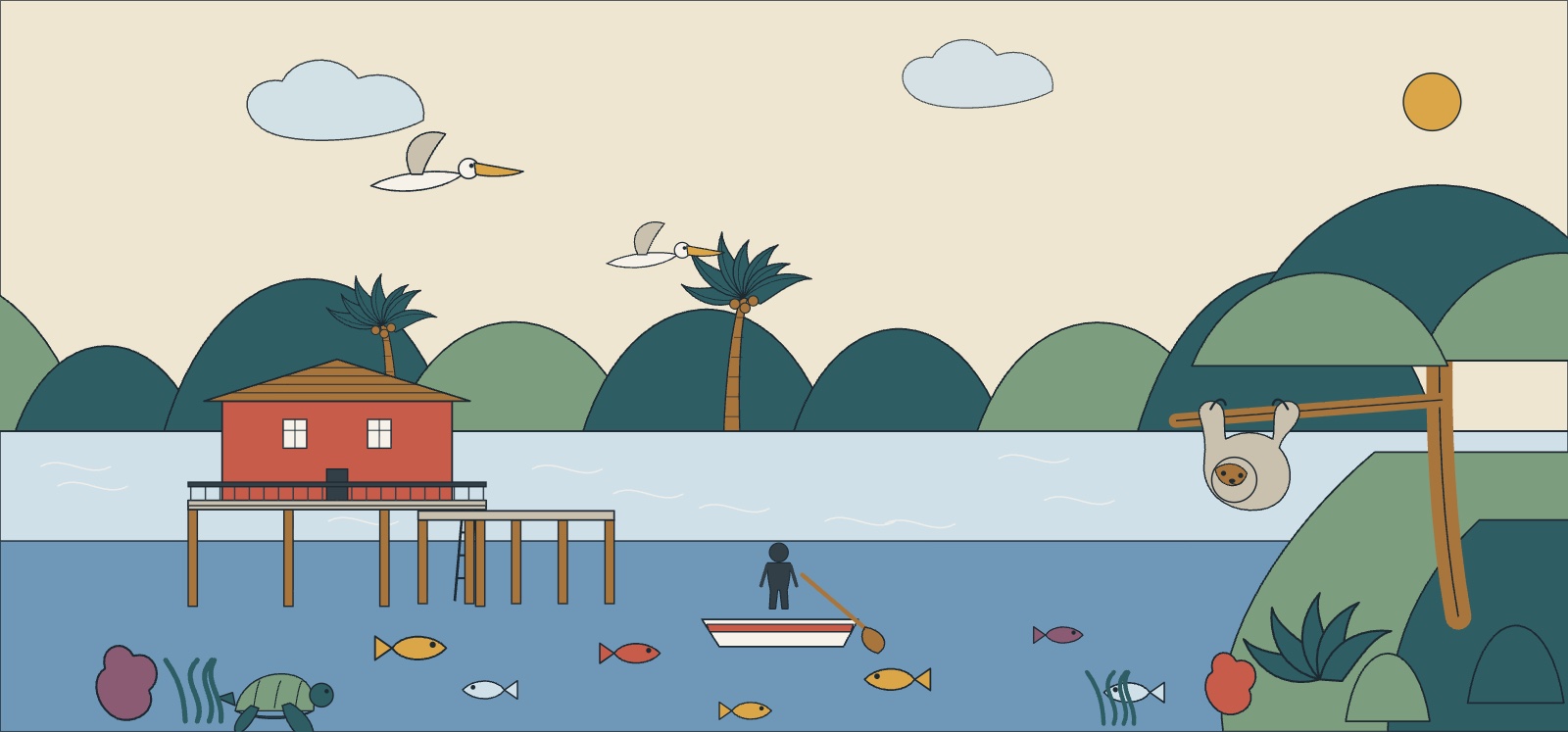 Illustration of a stilt cabin over clear water at Bocas del Toro, with a dugout canoe, reef fish, a turtle and a sloth hanging from a branch