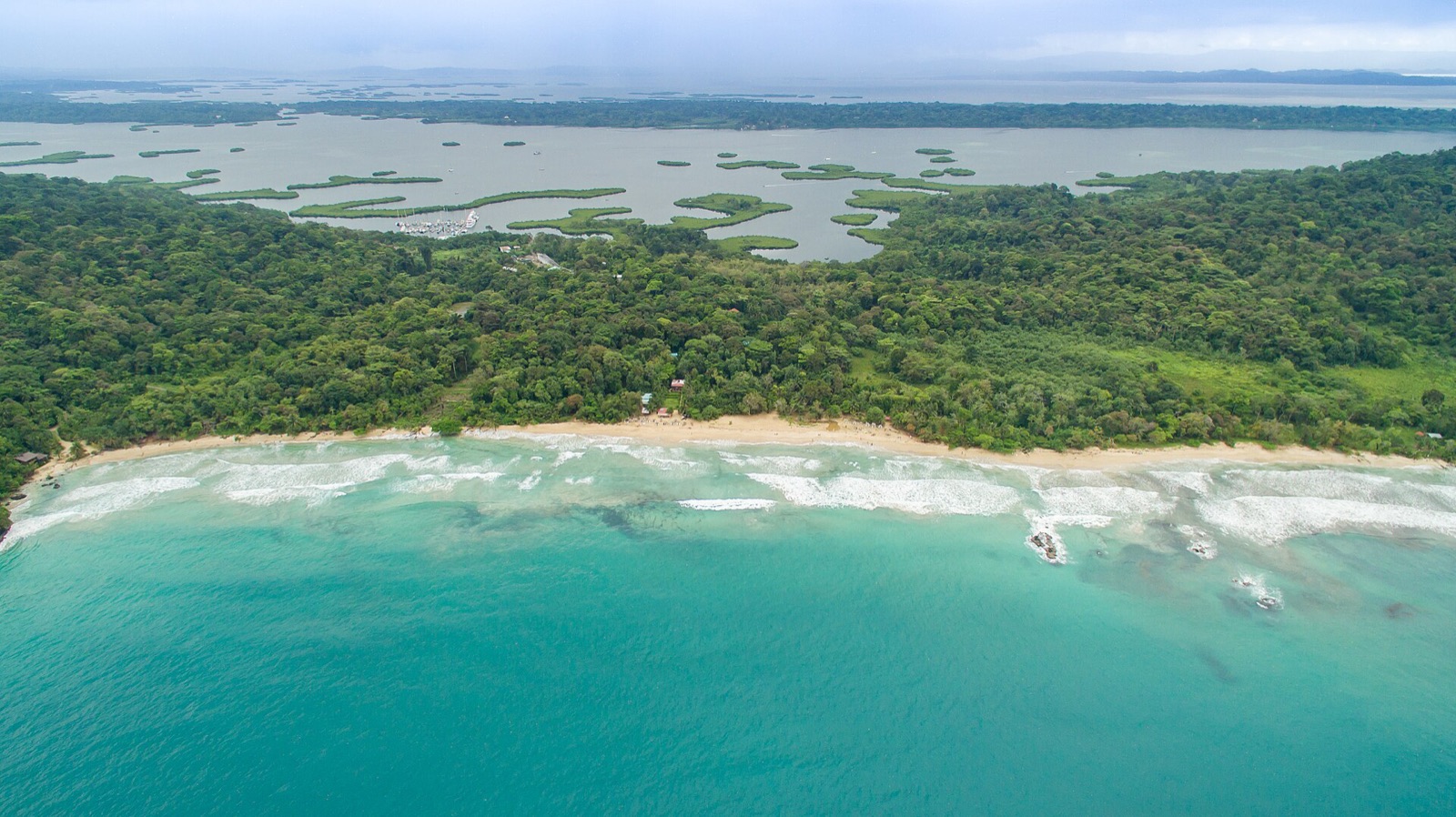 Aerial view of Red Frog Beach on Isla Bastimentos, Bocas del Toro, with turquoise shallows and rainforest running to the sand