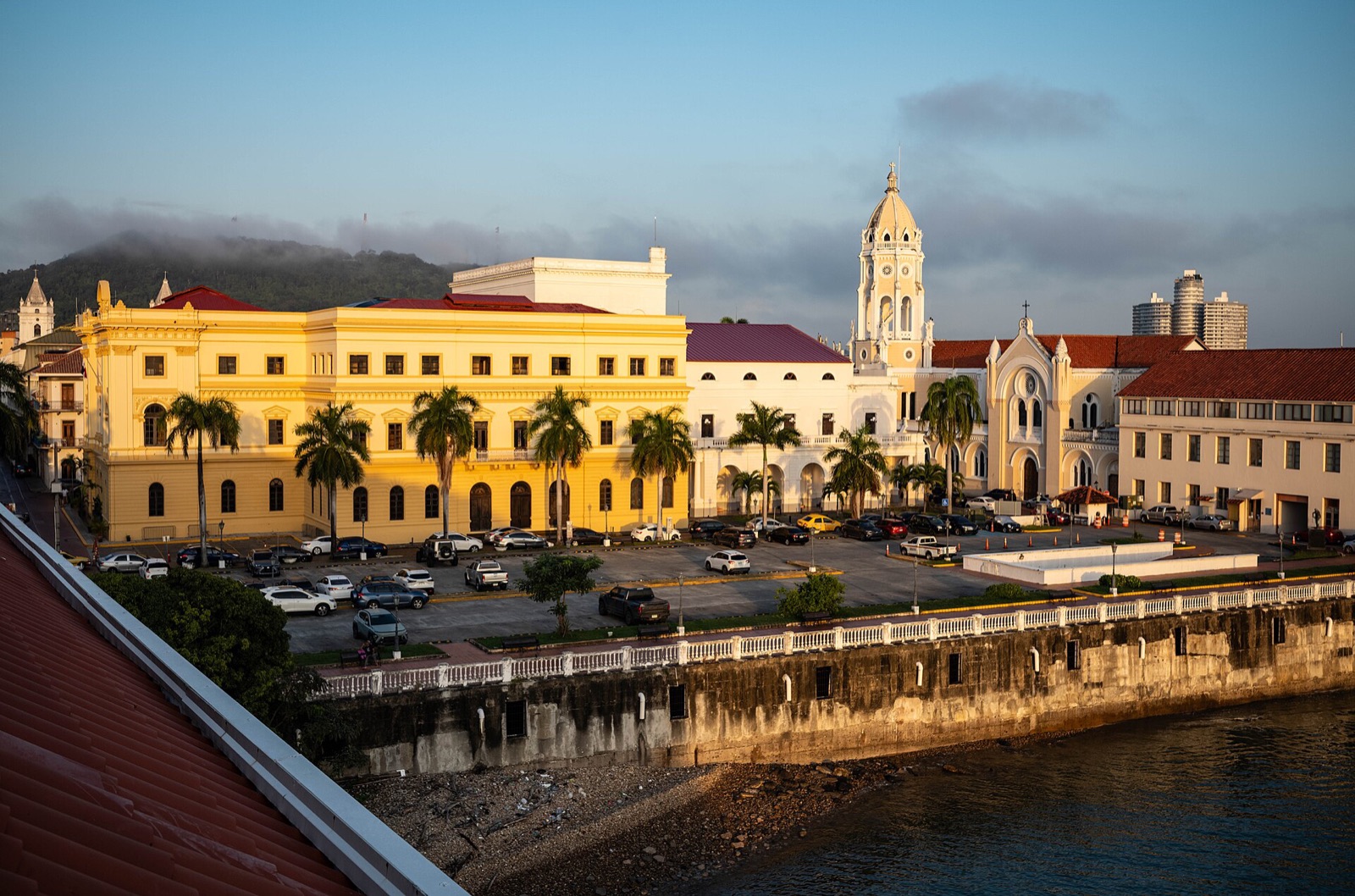 Casco Viejo, the old quarter of Panama City, seen from the water with the cathedral towers and colonial facades along the seafront