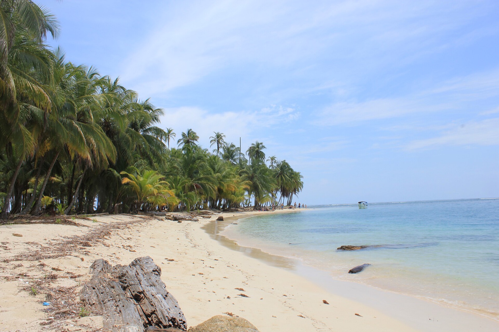 A small palm-covered island with white sand and shallow turquoise water in the Guna Yala archipelago, Panama